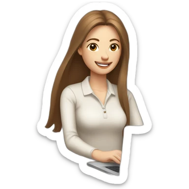 eyes closed smiling woman pale skin middle brown long straight hair with a closed laptop and a coffee mug wearing a white woolly shirt polo sticker