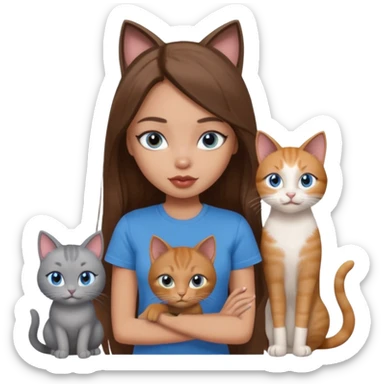 a pretty bratz dusky light skin girl with long brown hair, blue eyes with six cats nd wearing a grey tshirt sticker