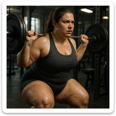 hyper realistic 4K image of a woman training with weights, legs and thighs with stubborn fat, detailed gym, intense atmosphere sticker