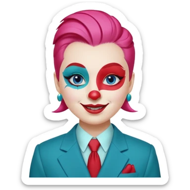 Pink slicked-back hair.

White face paint with blue eyebrows and eye makeup.

Big red nose and wide smile with red lipstick.

Wearing a teal suit with a yellow shirt and red buttons. sticker