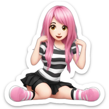 Full body Front view curvy emo girl sits on the floor straight view hands up black skirt striped stockings pink shorts sticker