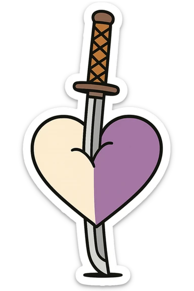 minimalist style katana planted vertically in the middle of a heart, left half white, right half purple, bright colors sticker