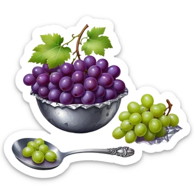 Renaissance painting of purple grapes and green grapes on the right, and a burnt spoon with tin foil and a lighter next to it on the left  sticker
