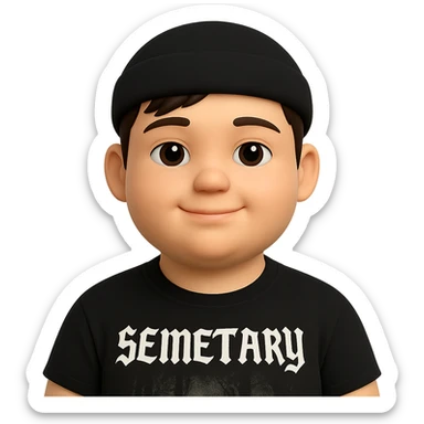 Make the chubby man look younger and have him wear Semetary merch. The original style is 3D emoji style, which does not support editing, so use the general style editor while respecting the 3D emoji style look. sticker
