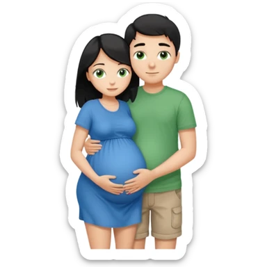 Make a couple hugging the girl is white with long black hair with blue eyes. The girl is hugging a boy with light brown short hair with green eyes. The boz is pregnant  sticker