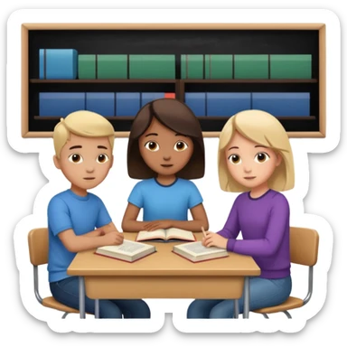 a group of students of both genders (boy and girl) talking to each other quietly in a classroom (let them face each other) sticker