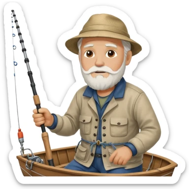 an old white haired, bearded man in fisherman attire, sat in a big boat on a calm sea, holding one fishing rod in one hand, with the end of the fishing line touching the water sticker