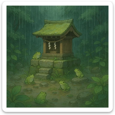 Rain falling gently on a tiny shrine surrounded by frogs. sticker