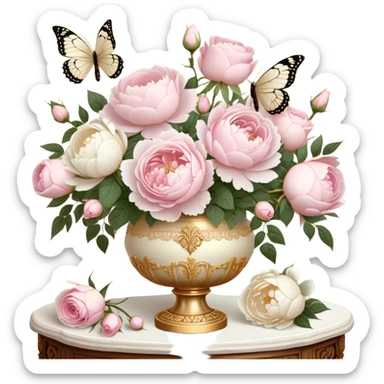 A romantic vintage still life featuring a bouquet of soft pink roses and lush white peonies in an ornate gold-trimmed ivory vase, with delicate pearl butterflies resting on the petals, set on a lace-covered wooden table. sticker