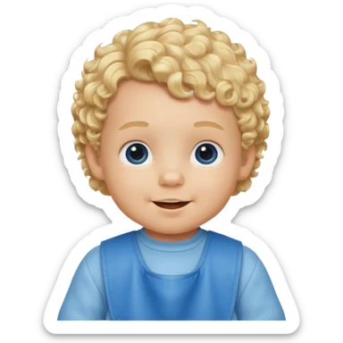 baby boy emoji, little blonde curls, wearing a blue bib, cheerful expression sticker