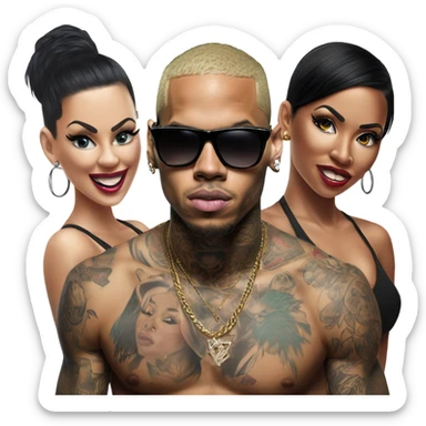 Hyper Realistic Chris Brown  wearing sunglasses with 2 female tattooed dancers sticker