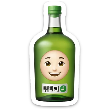 Minimal realistic emoji of a green Korean soju bottle, smooth glass texture, simple Korean label, soft studio lighting, clean background, centered composition, modern emoji design, high quality, 1:1 square sticker
