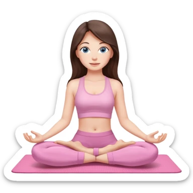 Brunette long hair and blue blue eyes yoga beautiful girl in light pink pink pink clothes sitting on a yoga mat sticker