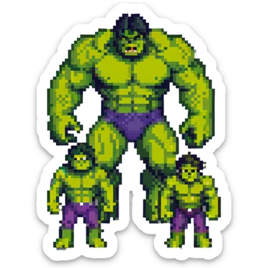 Classic Savage Hulk, Gray Hulk, and Professor Hulk forms in 8-bit style sticker