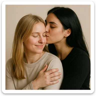 two women, one with blonde hair and one with black hair, depicted as a lesbian couple, affectionate pose, neutral background sticker