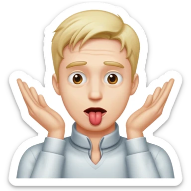 Man with hands on neck with “x” as eyes and tongue put sticker