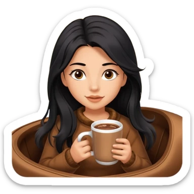 anned Girl with lashes , bright black long hair, in an extremely big fluffy brown mustang, and drinking hot chocolate drink sticker
