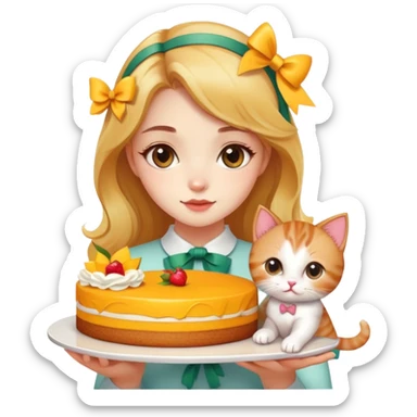 A beautiful girl holding a mango cake and a cute kitten with a bow sticker