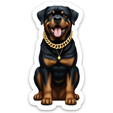 A Rottweiler with a gold chain that says “Biggie” and gold grillz  sticker