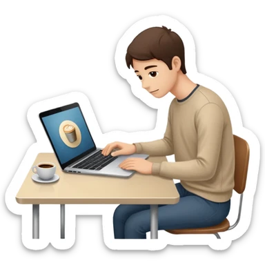 Laptop on the beige table, coffee and notebook sticker