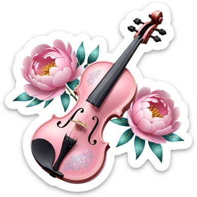 Iridescent soft pastel pink roamin romantic violin with peonies and glitter sticker