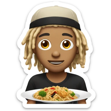 Lightskin dude with blonde dreads and black running hat eating asian food sticker