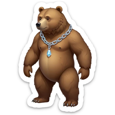Full-body realistic brown bear on all four legs shown from head to tail, serious expression, complete view of the entire bear with simple ice chain around neck sticker