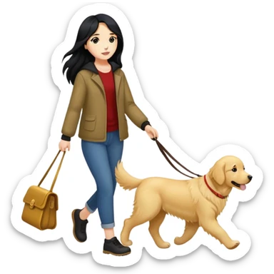 Long black hair - girl walking with a golden retriever sticker