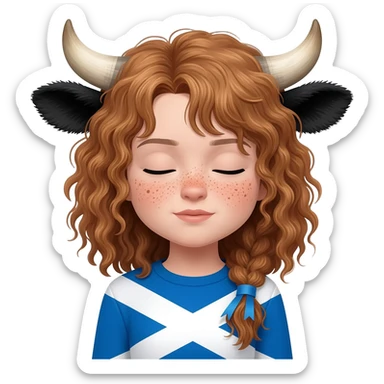 curly girl with freckles with messy light brown bangs covering the eyes with cow horns and cow ears with scottish flag on his shoulders with ribbon in her hair sticker