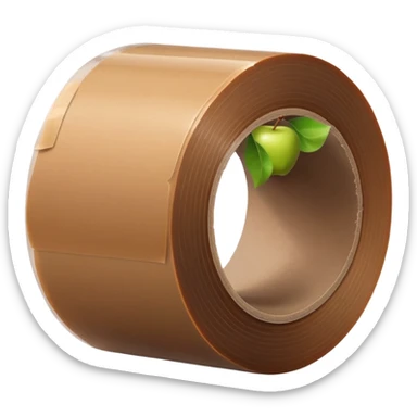 wide roll of brown packing tape with glossy semi-transparent surface and thick cardboard core, one end slightly peeled back, angled for depth, no box or dispenser, apple emoji style, soft lighting, subtle shadows, emoji scale sticker