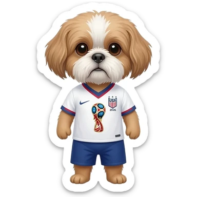 white and light brown shih zhu wearing a USA white blue and redsoccer jersey v neck 2026 work cup sticker
