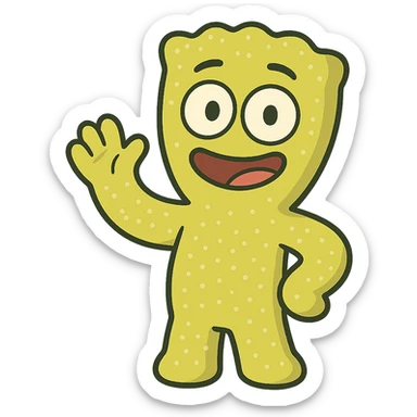 a sour patch kid character waving, cartoon style, bright colors, cheerful sticker