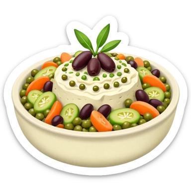 Salată de boeuf: a Romanian festive salad made with finely chopped boiled vegetables, pickles, peas, and beef or chicken, all mixed with mayonnaise and decorated with olives and pickles. sticker