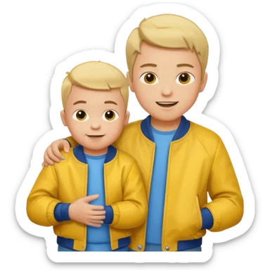 boy with baby hair cut shrugging his shoulder, wearing yellow jacket and smile sticker