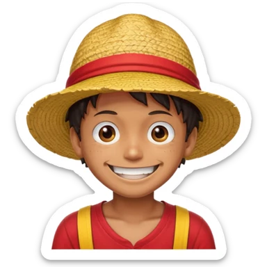 Luffy with a big smile and red shirt with yellow and red straw hat sticker