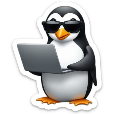 Penguin wearing sunglasses and a rock t-shirt holding a laptop  sticker