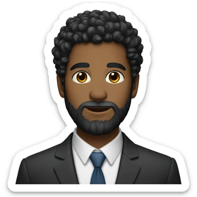 Black curly hair, short hair, brown skin, a full beard, and dressed in a suit. sticker