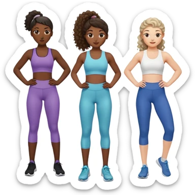 three women friends exercising together, one black woman with curly brown hair, one pale white woman with curly brown hair, and one white woman with straight brown hair in a ponytail positioned on the right sticker