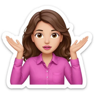 girl with long wavy brown hair, brown eyes, light to medium complexion, in a pink shirt, pink lips, long lashes, puckered lips, both hands all the way up with hands up to the sky sticker