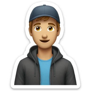 ein junger man mit Kapuze braunen Haaren und ener cap sticker