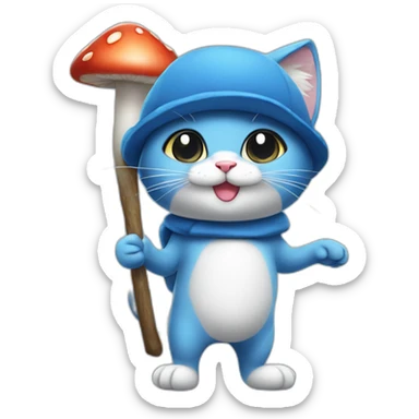  Cute Blue Cat NO ears wearing a mushroom cap carrying a stick in one arm standing on two legs no fur sticker