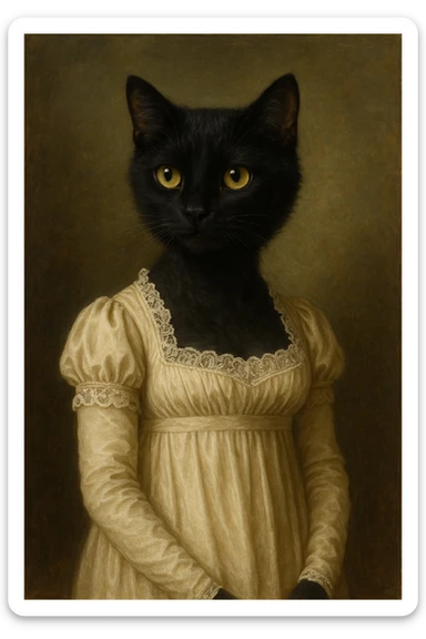 black cat wearing elegant Regency-era attire inspired by Pride and Prejudice, refined and classic look sticker