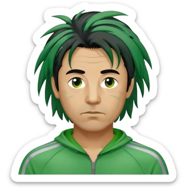 Park is a middle-aged man, around 35 years old, green tracksuit,  His black hair, streaked with strands of gray, is unkempt and damp with sweat. sticker