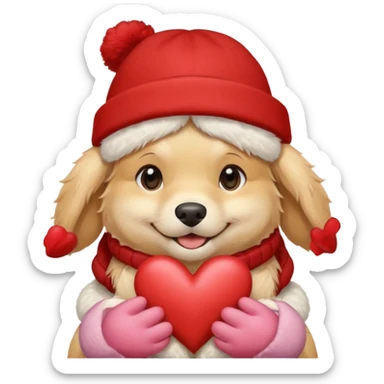 English cream golden retriever cartoon cuddling with winter hats and heart in between them sticker