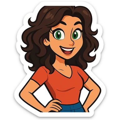 vibrant toon style woman with wavy dark brown hair and green eyes sticker