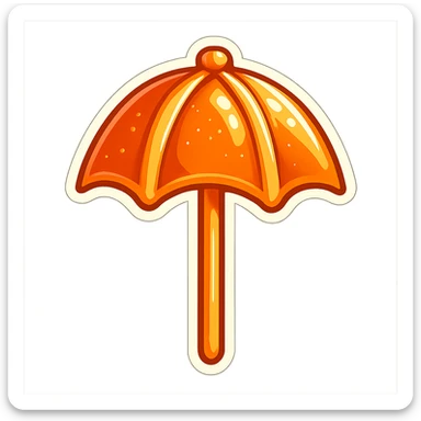Convert the image to a playful, photorealistic dalgona candy in sticker style with a white border, shaped like an umbrella. The style should be sticker-like, playful, and photorealistic. sticker