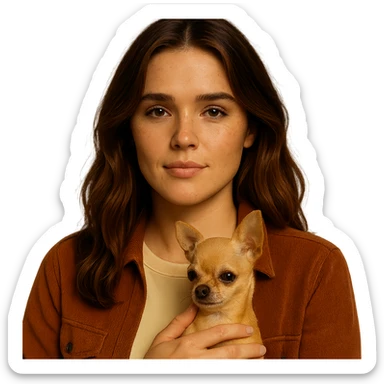 Portrait for Instagram profile picture inspired by the facial features visible in the reference images, with a tanned complexion, subtle freckles, wearing a shirt in color #FFF8CA and a rust-colored jacket, medium-length brown hair with auburn highlights, serene and peaceful expression, holding a beige-brown chihuahua, in the style of a Netflix series, transparent background, intimate Tenerife ambiance. sticker