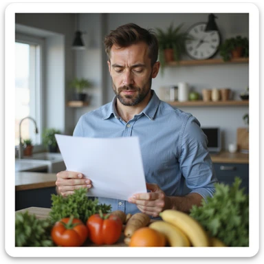 realistic image of a man consulting a written nutritional plan, focused expression, healthy food in front, clinical details, modern environment sticker