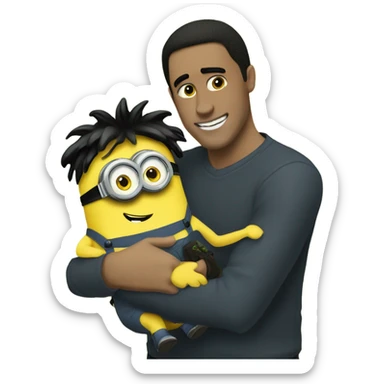 white male, brown eyes, black hair hugging and holding a minion with green eyes sticker