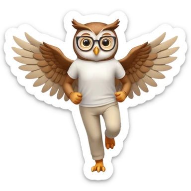 friendly anthropomorphised owl with wings instead of arms, in pants and a shirt, wearing glasses, jogging upright, relaxed pose sticker